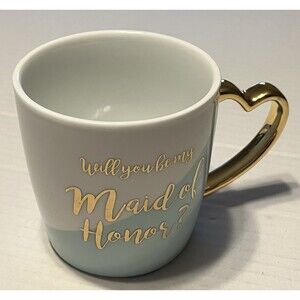 Will You Be My Maid Of Honor Cup Gold Teal Wedding Heart Bride Bridal Party Mug